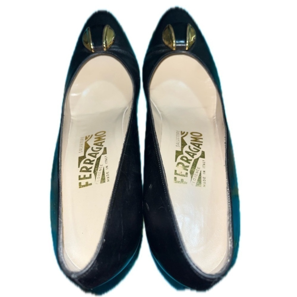Salvatore Ferragamo Kitten Pumps Heels Black Leather Gold Accent Italy